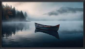 Плакат A lake surrounded by trees and fog at sunset